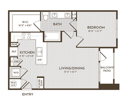 Floor plan for 1 bed, 1 bath, 767 sqft